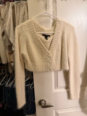 Cropped Cream Fuzzy V-Neck Button Cardigan Sweater